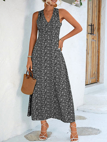 Woochic robe longue imprimé à fleurie bretelle v-cou bohème de plage Noir S